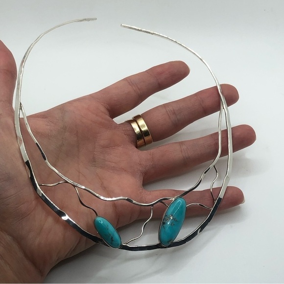 STERLING Silver & Turquoise Bib Collar Necklace Sits @ 10” - 12” Vintage - Picture 6 of 10